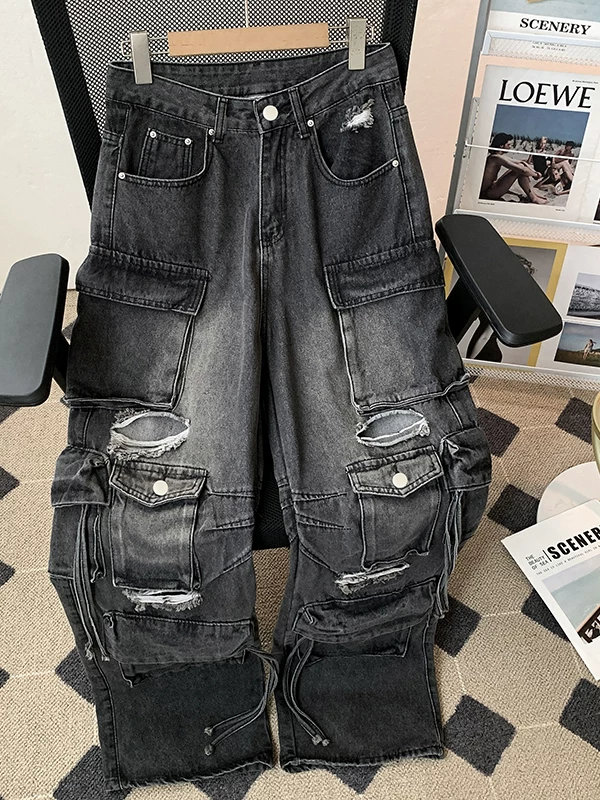 Quần jean nam rách gối, chất liệu dày dặn, kiểu dáng thẳng ống, nhiều túi, phong cách Mỹ, quần dài xu hướng thời trang, rộng rãi, thoải mái.