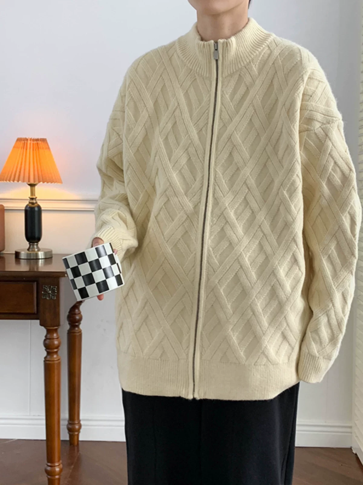 Áo len cardigan nam thu đông 2024 kiểu dáng thời trang cổ đứng, chất liệu dệt kim, dáng rộng, phong cách Nhật Bản, áo khoác len casual