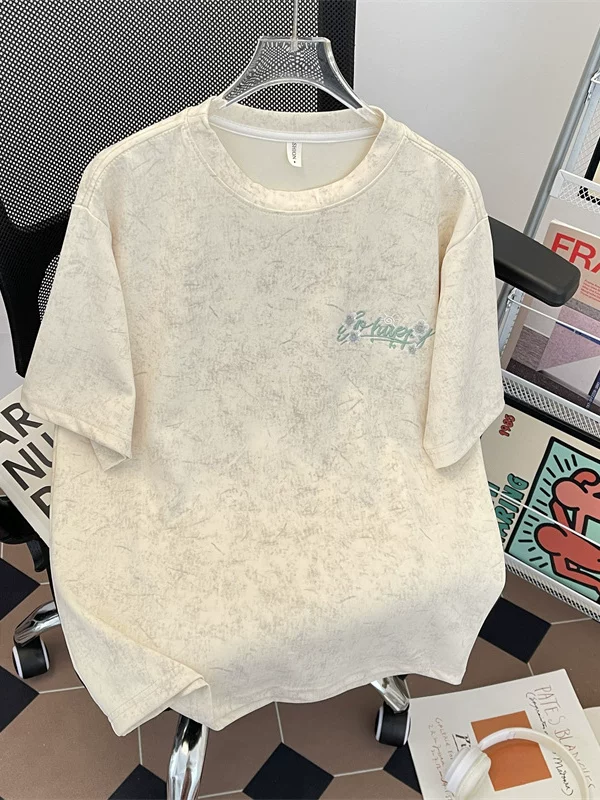 Áo thun ngắn tay thêu họa tiết tie-dye dành cho nam, phong cách Hồng Kông mùa hè, thương hiệu thời thượng, dáng rộng, thoải mái, áo thun cặp đôi kiểu Mỹ retro