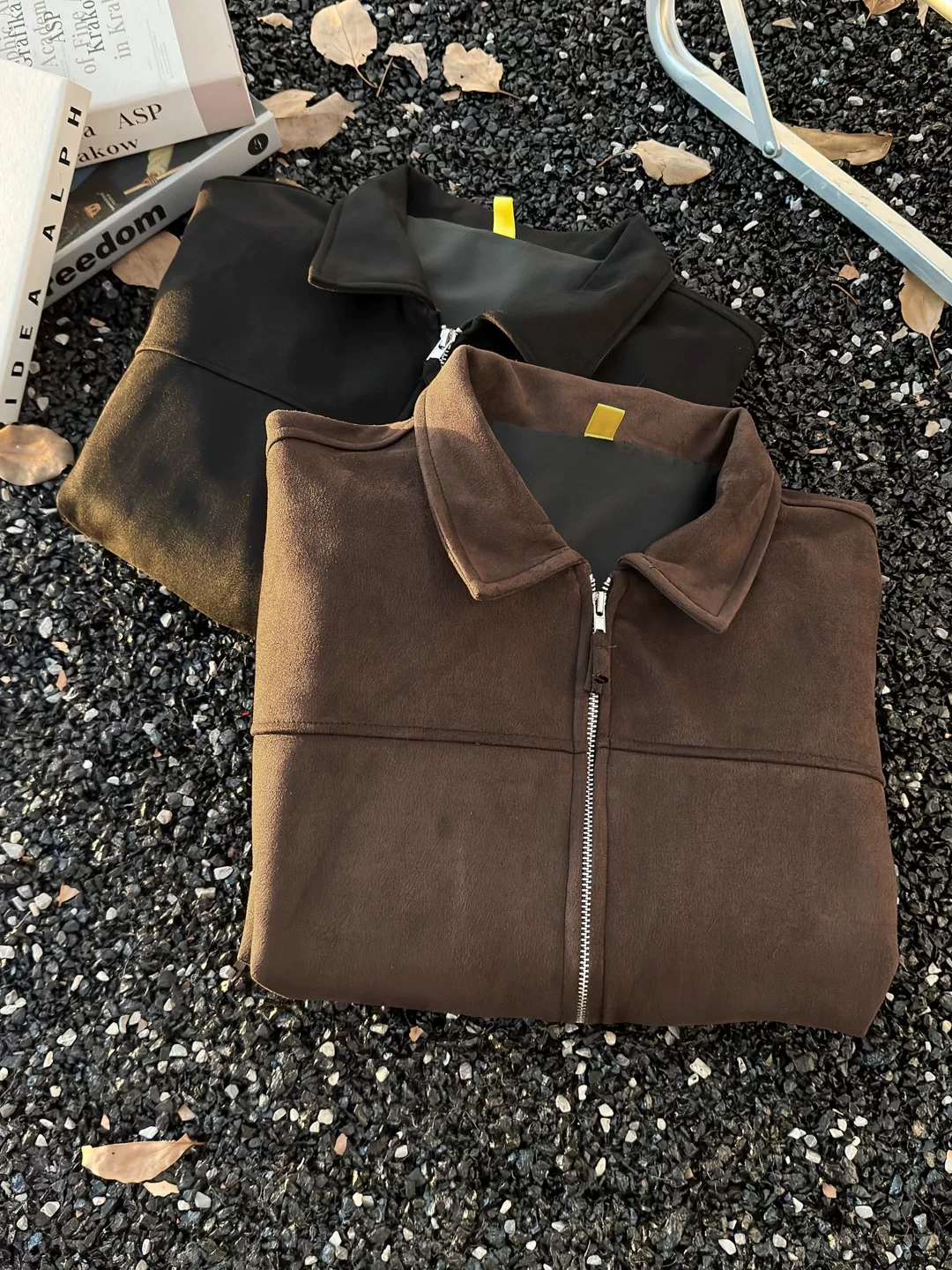 Áo khoác da lộn mùa xuân thu dành cho nam, phong cách retro Mỹ, áo khoác thường ngày cao cấp, áo khoác mô tô thương hiệu thời thượng có cổ lật.