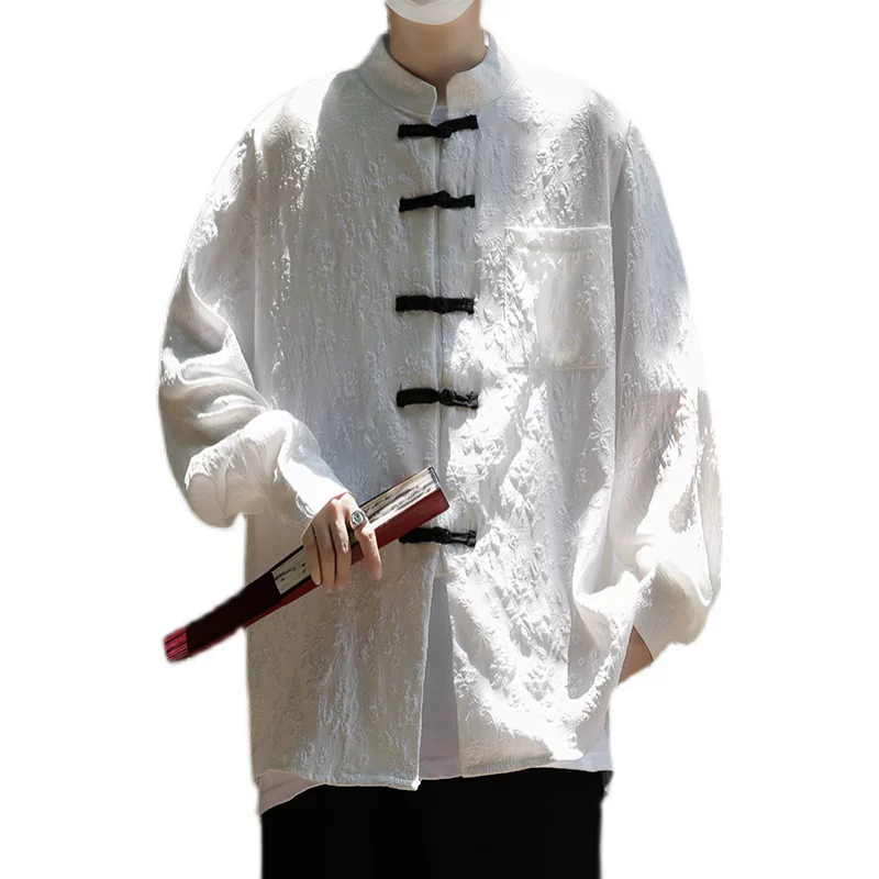 Áo sơ mi nam kiểu Trung Quốc mới, cổ đứng, chất liệu jacquard, tay dài, kiểu áo Đường truyền thống, áo sơ mi dáng rộng thời trang thu mới, có khuy cài.