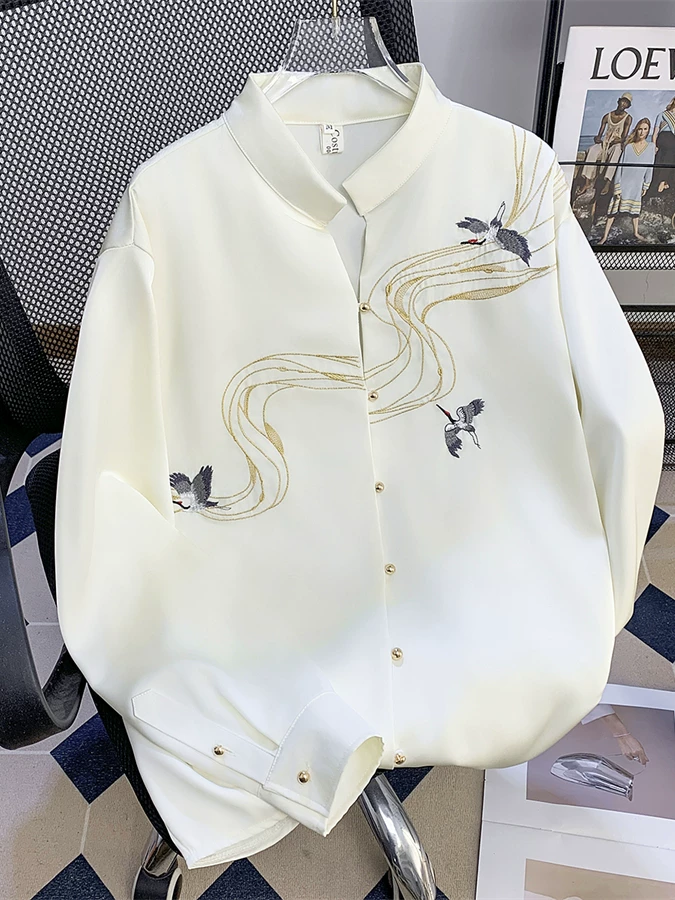 Áo sơ mi nam cổ đứng thêu họa tiết phong cách Trung Hoa, tay dài, chất liệu cao cấp, kiểu dáng rủ mềm mại, áo sơ mi mùa xuân thu rộng rãi, thời trang, phong cách casual.