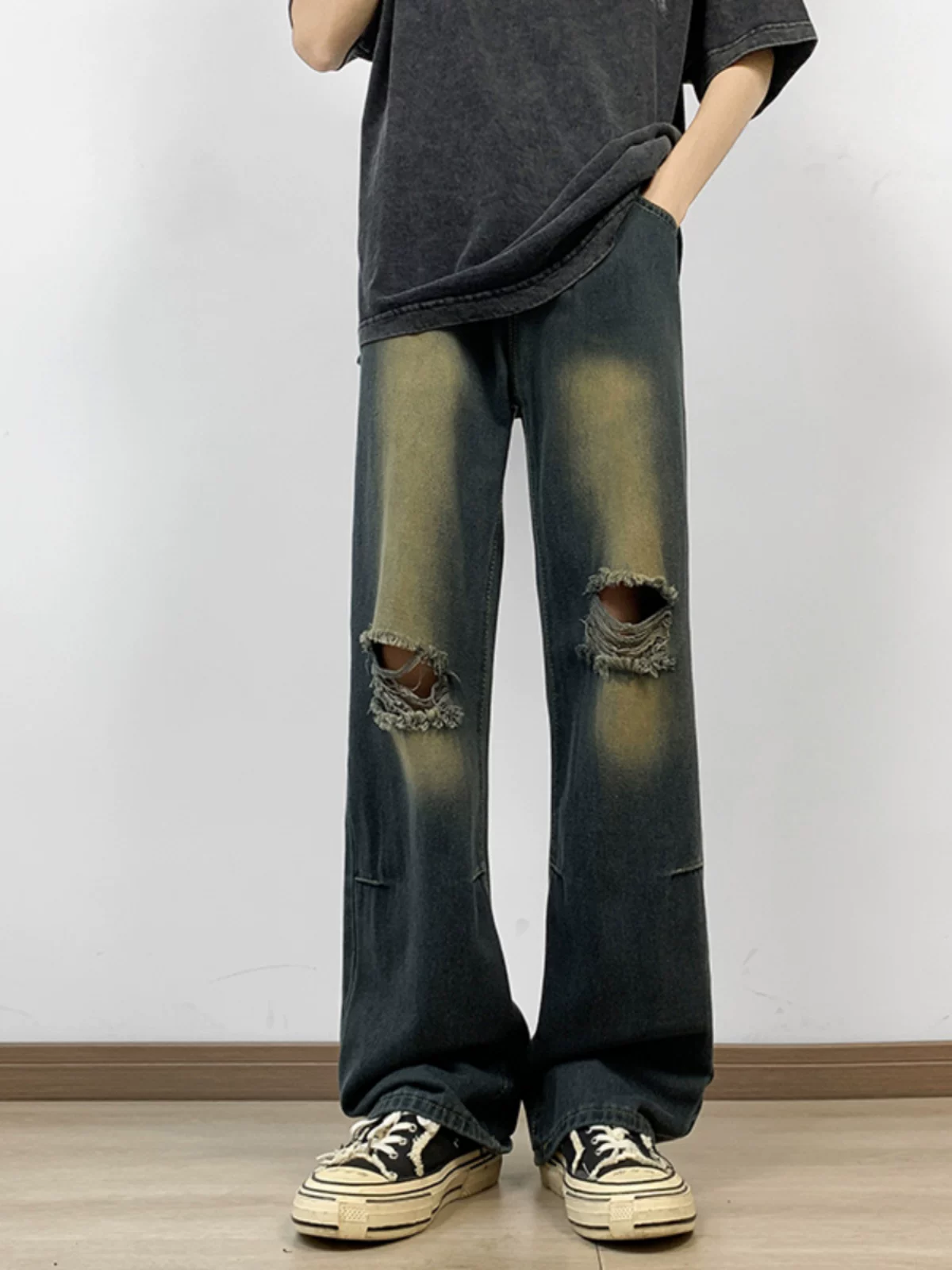 Quần jeans nam phong cách retro Mỹ, quần rách thời thượng, quần dài ống rộng suông mỏng mùa hè.