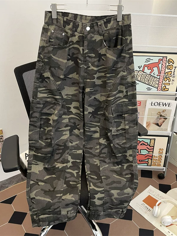 Quần jean kiểu Mỹ họa tiết rằn ri unisex nhiều túi, thiết kế phá cách, ống rộng, quần công sở ống thẳng thời trang