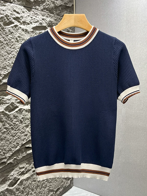 Áo thun nam tay ngắn dệt kim phối màu kiểu Mỹ, áo thun mùa hè mới chất liệu lụa băng thoáng khí, cảm giác cao cấp, kiểu dáng rộng rãi.