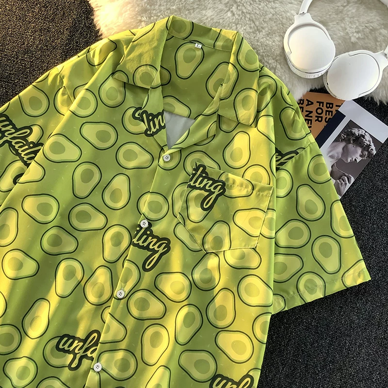 Áo sơ mi ngắn tay in hình quả bơ dành cho nam, áo sơ mi giản dị phong cách retro Hồng Kông, áo dáng rộng hợp thời trang mùa hè.