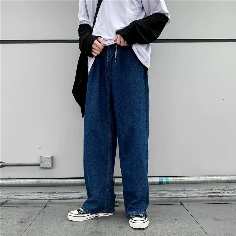 Quần jeans ống đứng dáng suông mùa thu cho nam, quần dài lưng cao rộng rãi đa năng hợp thời trang, quần ống rộng phong cách Hàn Quốc sành điệu.