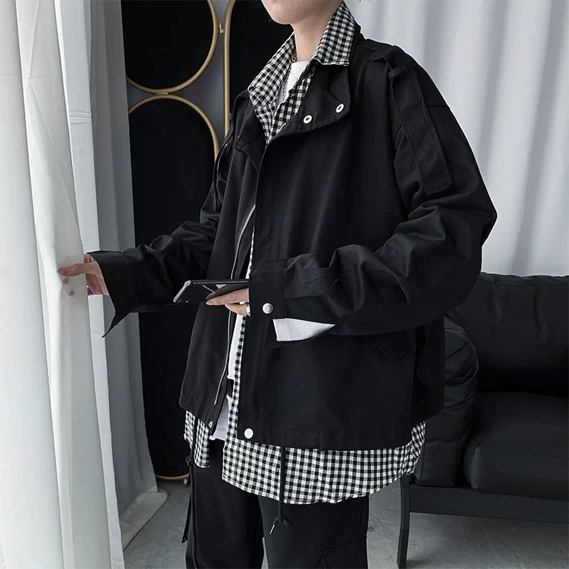 Áo khoác giả hai mảnh phong cách Hồng Kông dành cho nam mùa xuân thu 2022 phiên bản Hàn Quốc quần áo rộng rãi hợp thời trang đa năng áo khoác bảo hộ lao động