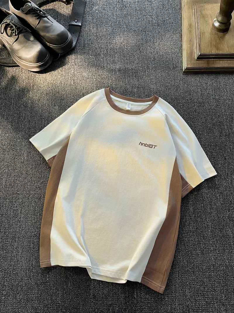 Áo thun ngắn tay kiểu Mỹ cổ điển phối vải chắp vá dành cho nam và nữ, áo thun cơ bản rộng rãi, thời trang, chất liệu cotton dày dặn, mùa hè.