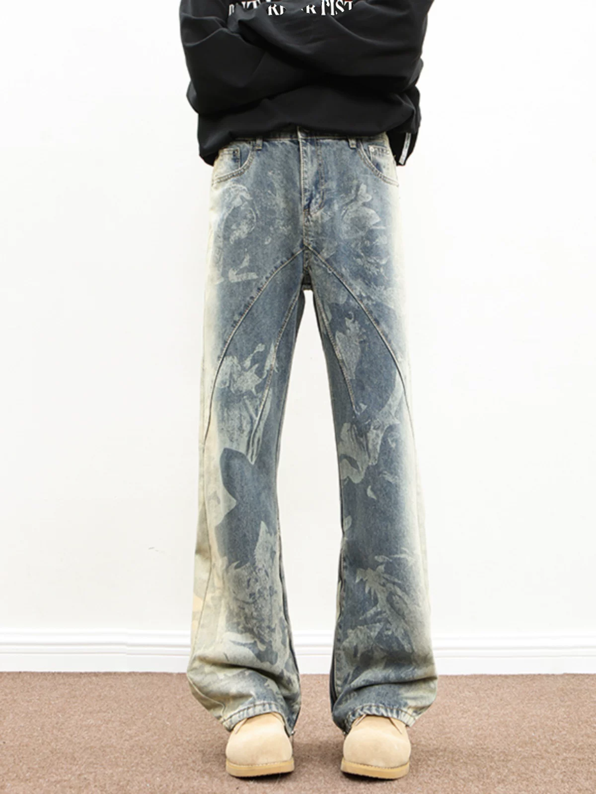 Quần jean tie-dye Totem dành cho nam, quần vintage phong cách Mỹ, quần ống loe dáng thẳng hợp thời trang mùa xuân thu.