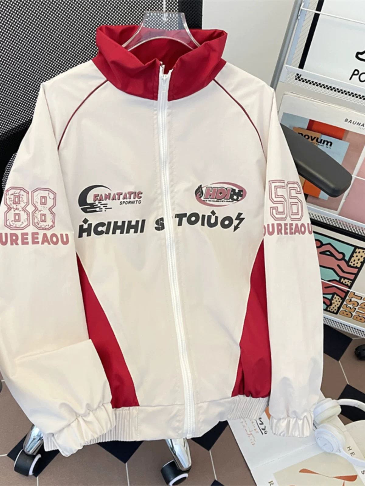 Áo khoác mô tô phong cách Mỹ cổ điển dành cho nam, áo khoác cổ đứng phối màu thu đông mới, kiểu dáng rộng rãi hợp thời trang, trang phục cặp đôi cá tính.