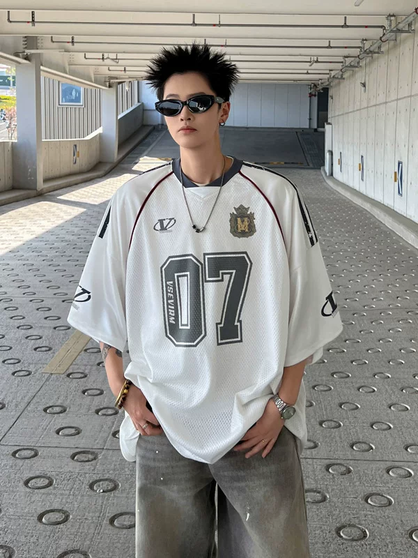 Áo thun thể thao in hình tay ngắn dành cho nam, áo nửa tay lưới thoáng khí mùa hè, quần áo lụa băng rộng rãi hợp thời trang của Mỹ