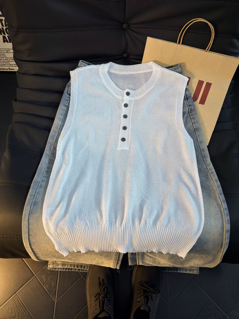 Áo vest dệt kim cổ Henry kiểu Mỹ dành cho nam, áo vest mùa hè thoáng khí, kiểu dáng rộng rãi, thương hiệu thời thượng, cảm giác đơn giản và cao cấp.