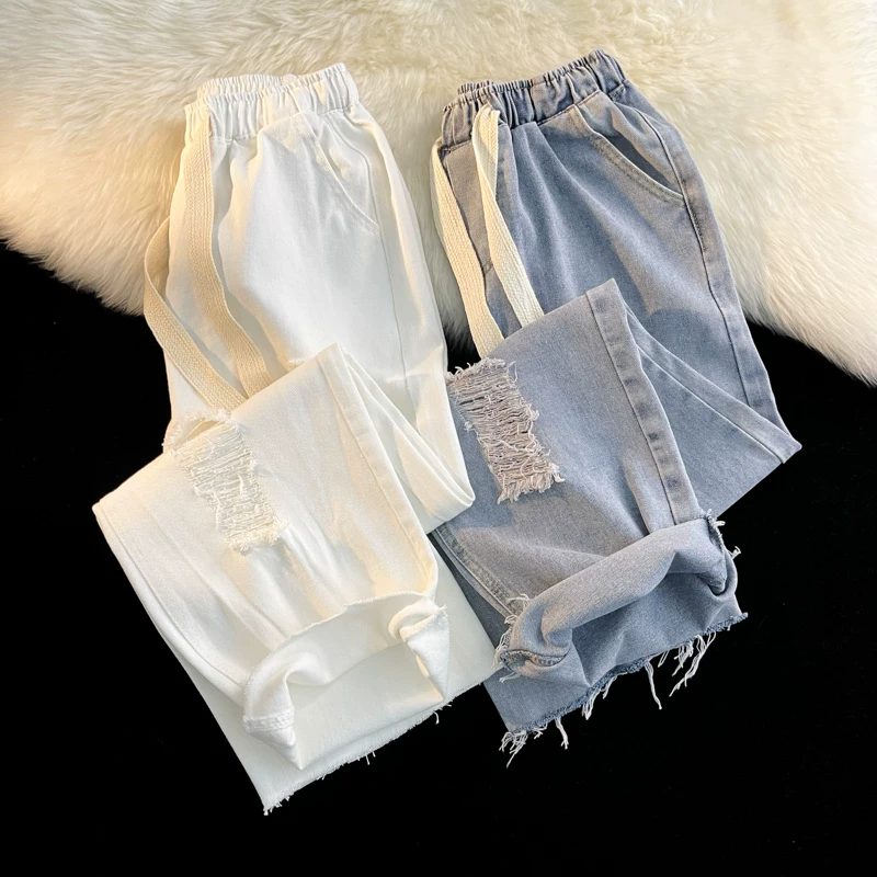 Quần jean rách kiểu Nhật dành cho nam, quần đôi sinh viên đa năng mùa hè, quần dài ống rộng có dây rút hợp thời trang.