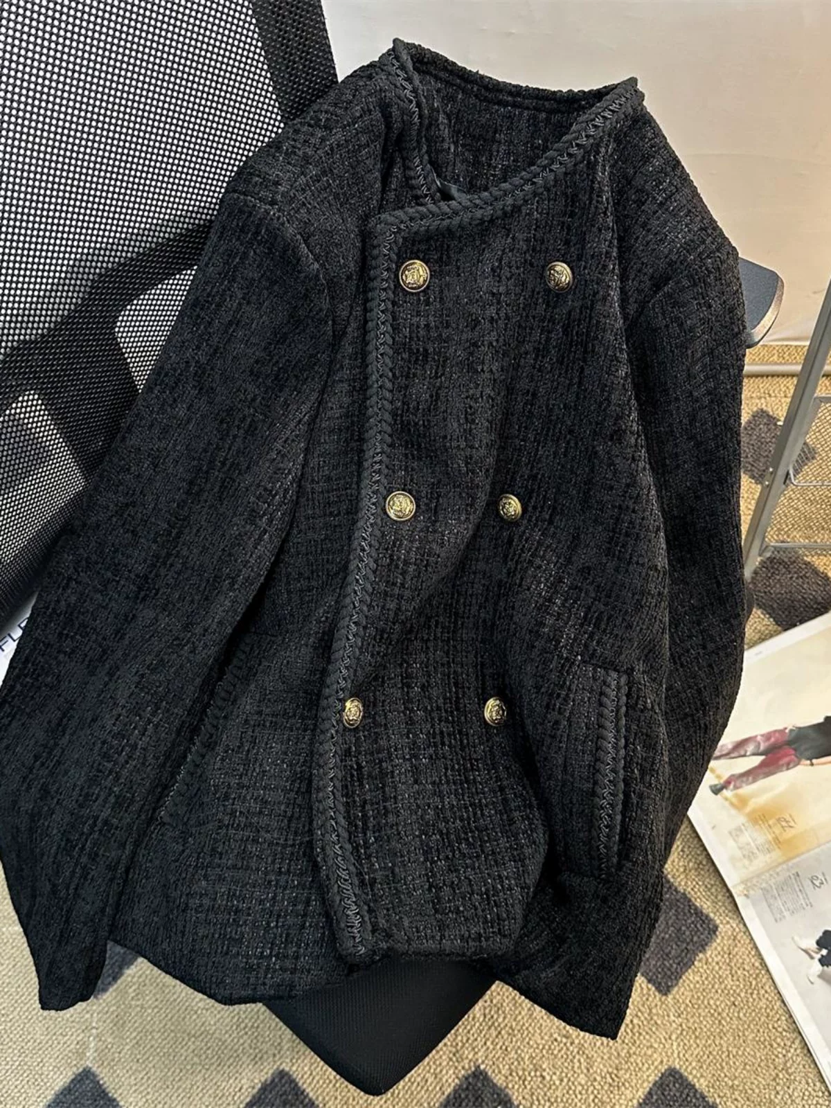 Áo khoác nam kiểu Chanel hai hàng khuy, blazer len ngắn cho mùa xuân thu, áo kiểu Mỹ thời thượng.