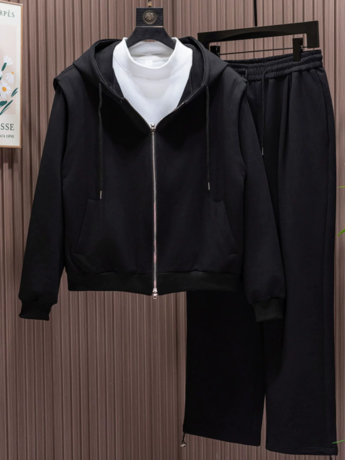 Áo khoác cardigan có mũ trùm đầu dành cho nam, bộ đồ thể thao phong cách Mỹ mùa xuân thu, áo khoác và quần rộng rãi.