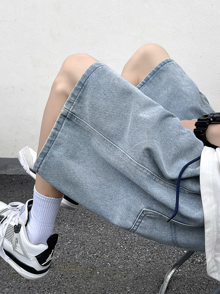 Quần short denim kiểu Mỹ mùa hè dành cho nam, thương hiệu thời trang Nhật Bản, quần ống rộng dáng thẳng năm phần, quần dài vừa ống rộng phong cách cá tính.