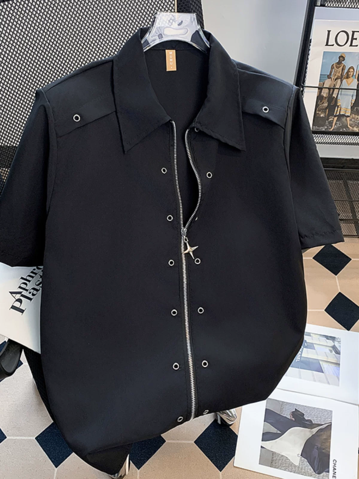 Áo sơ mi thiết kế có khóa kéo dành cho nam tay ngắn phong cách đường phố cao cấp phong cách Mỹ áo sơ mi có đệm vai mùa hè hợp thời trang thương hiệu áo khoác nửa tay rộng rãi