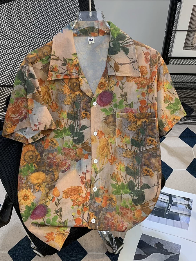 Áo sơ mi ngắn tay thiết kế độc đáo dành cho nam, áo sơ mi nửa tay họa tiết hoa mùa hè, áo kiểu ins thời thượng chất liệu lụa đá mát mẻ đi biển.