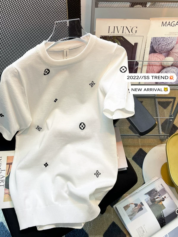 Áo thun dệt kim thêu họa tiết đường phố cao cấp dành cho nam, tay ngắn, phong cách mùa hè thoải mái, áo thun cổ tròn dáng rộng, kiểu dáng thời trang BF.