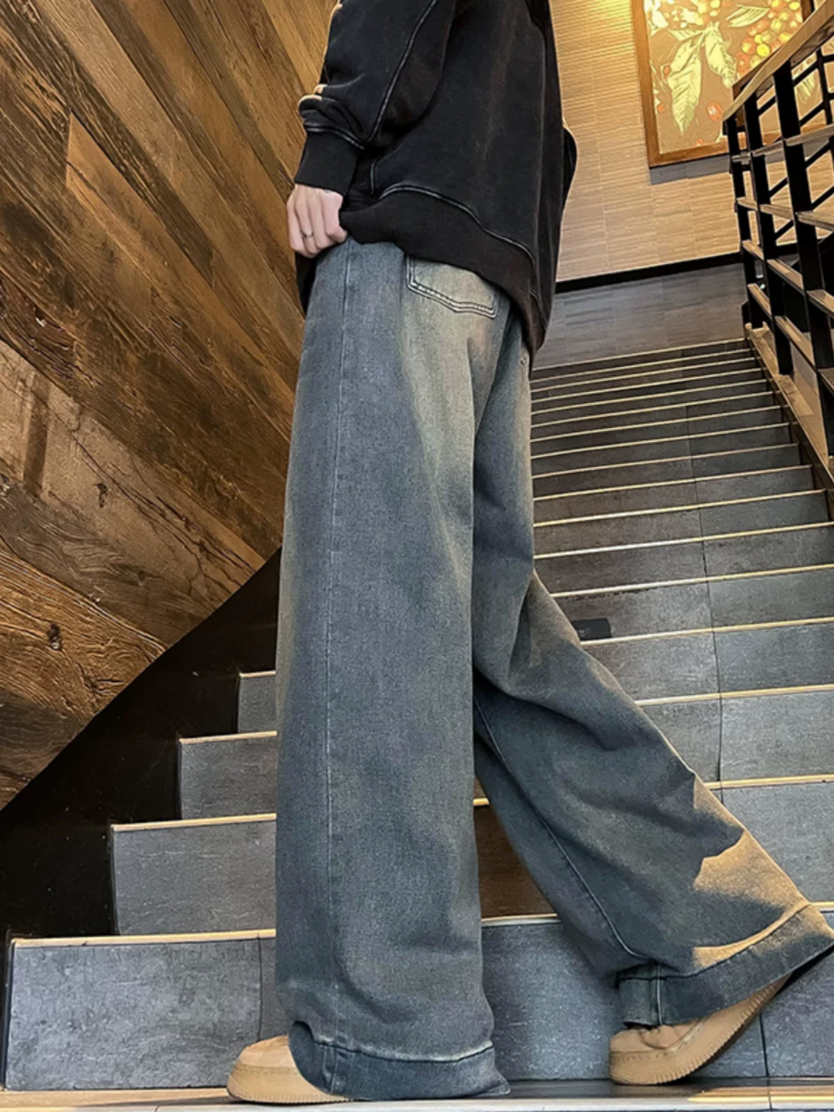 Quần jean retro Mỹ dành cho nam, thương hiệu thời thượng, quần dài chạm đất kiểu dáng suông, quần ống rộng vintage thoải mái mùa xuân thu.