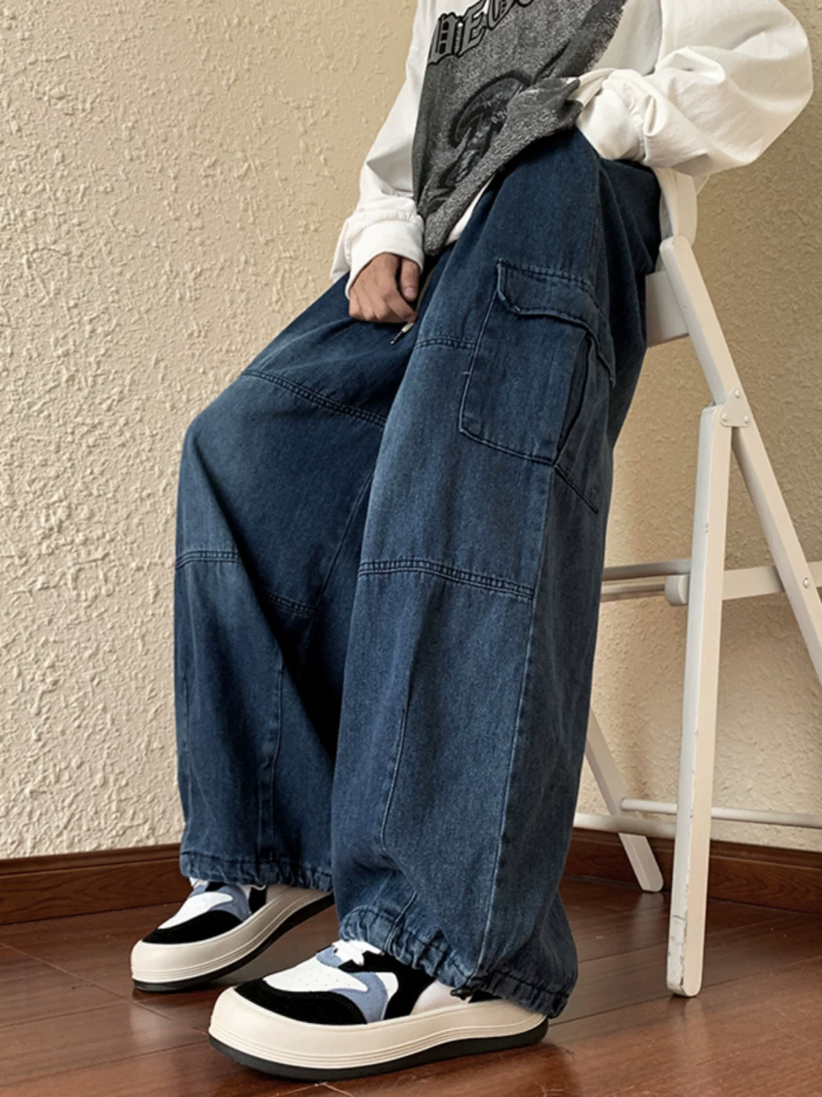 Quần jean denim nam mùa thu có dây rút, quần dài phong cách Mỹ, kiểu vintage, quần dài ống rộng thời trang hip-hop.