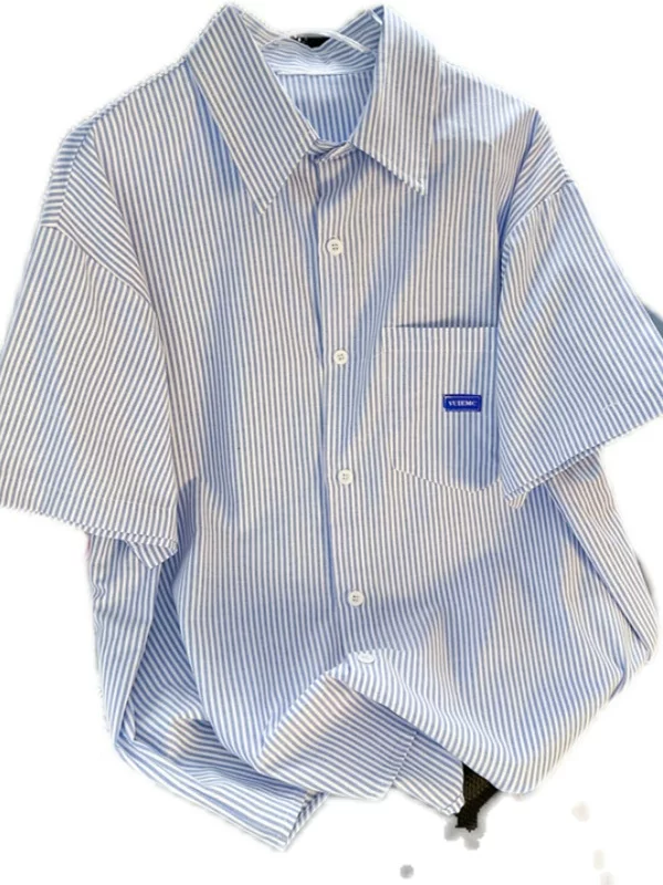 Áo sơ mi ngắn tay sọc mùa hè phong cách Nhật Bản dáng rộng áo sơ mi nam dành cho cặp đôi áo khoác mỏng hợp thời trang đa năng