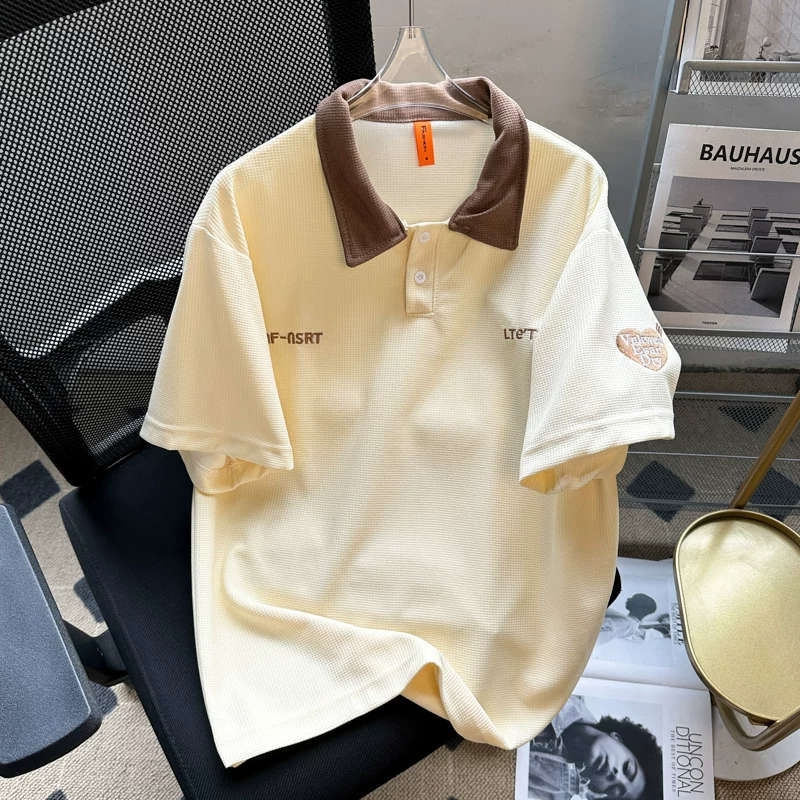 Áo polo thêu phối màu nam tay ngắn, chất liệu waffle, cổ bẻ, kiểu dáng thời trang Mỹ, form rộng, áo đôi, tay lửng mùa hè