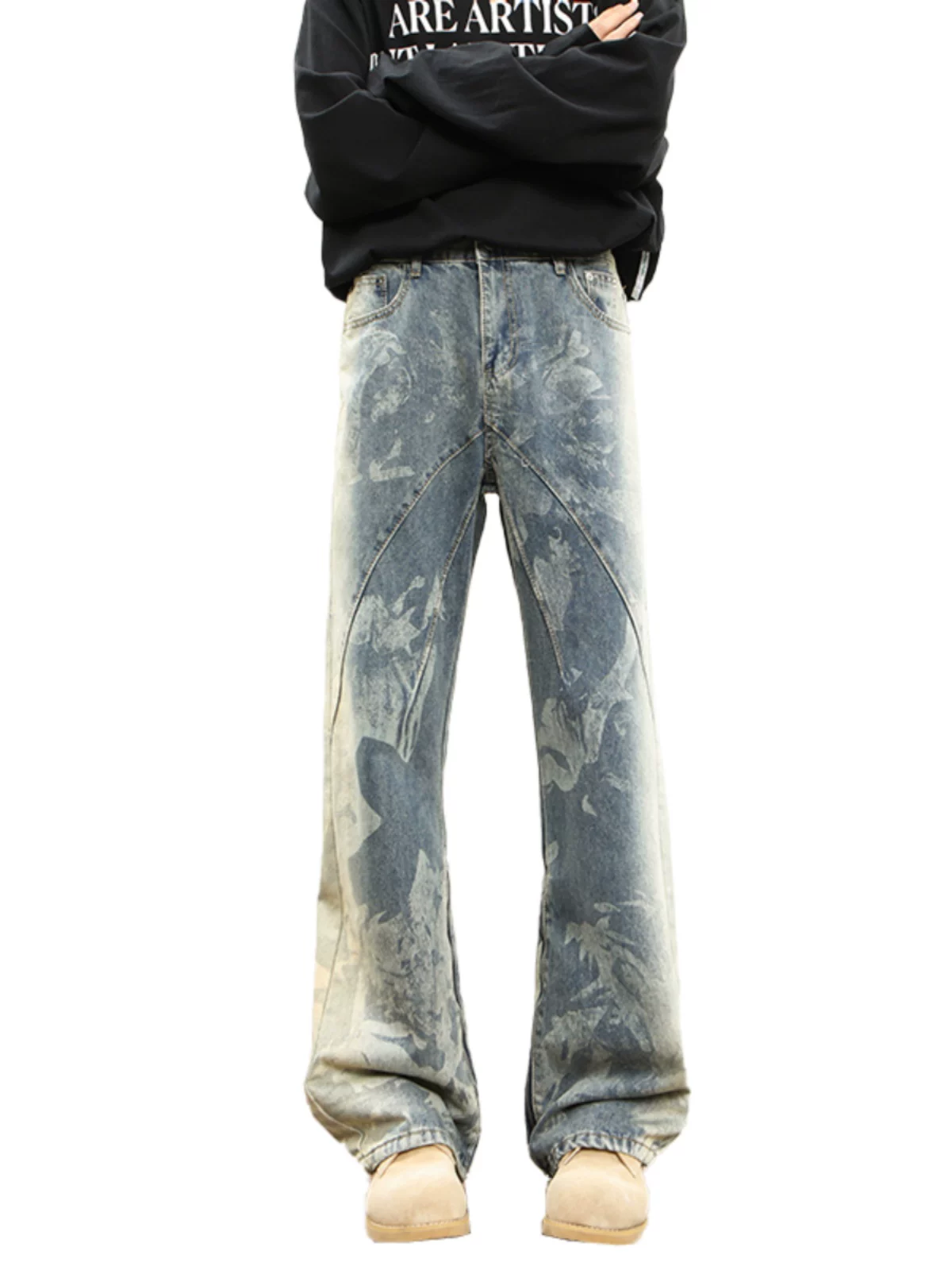 Quần jean tie-dye Totem dành cho nam, quần vintage phong cách Mỹ, quần ống loe dáng thẳng hợp thời trang mùa xuân thu.