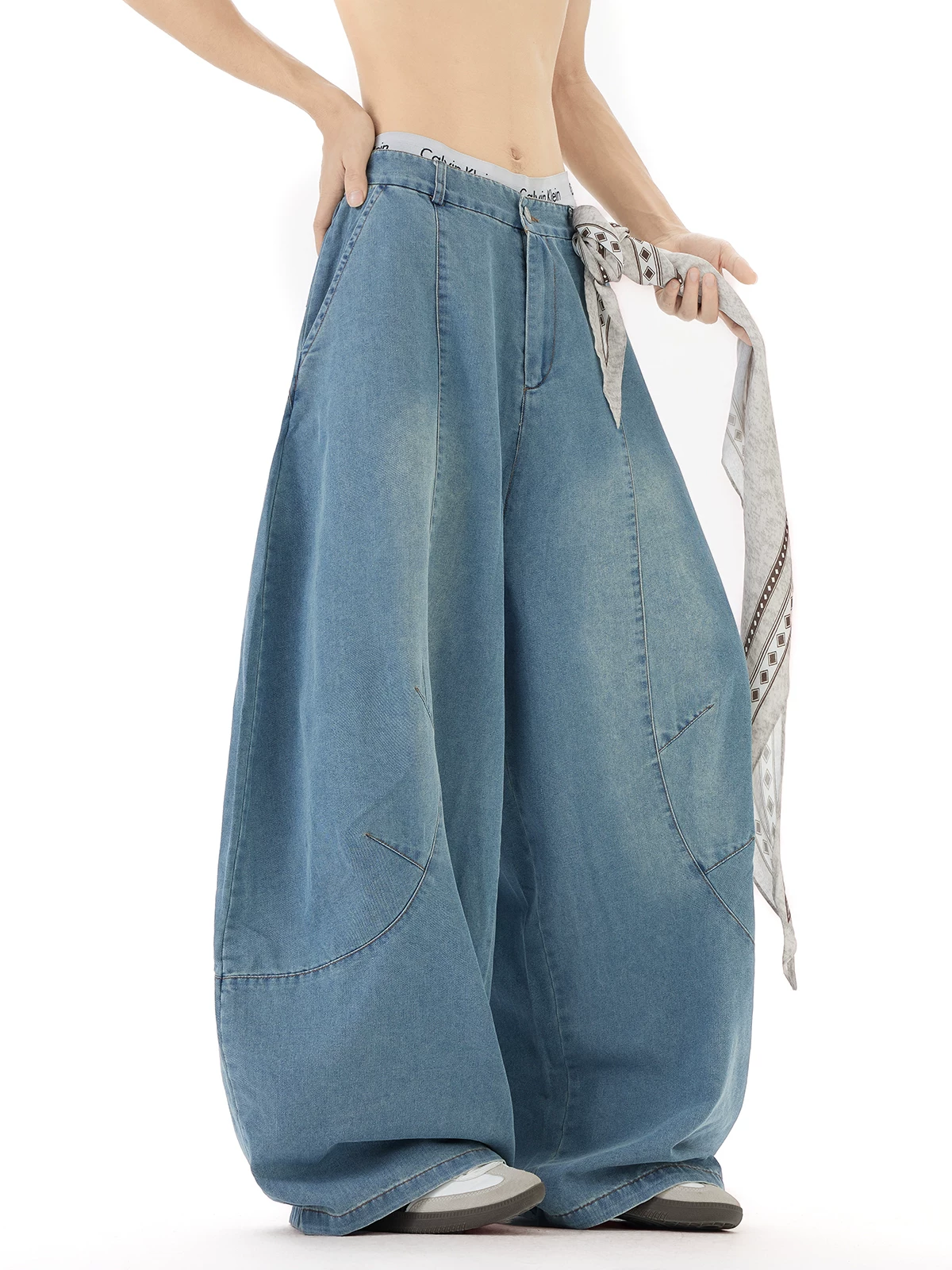 Quần jean nam thiết kế mùa hè, kiểu dáng cong, quần ống rộng phong cách retro Mỹ, quần dài chạm đất thời thượng.