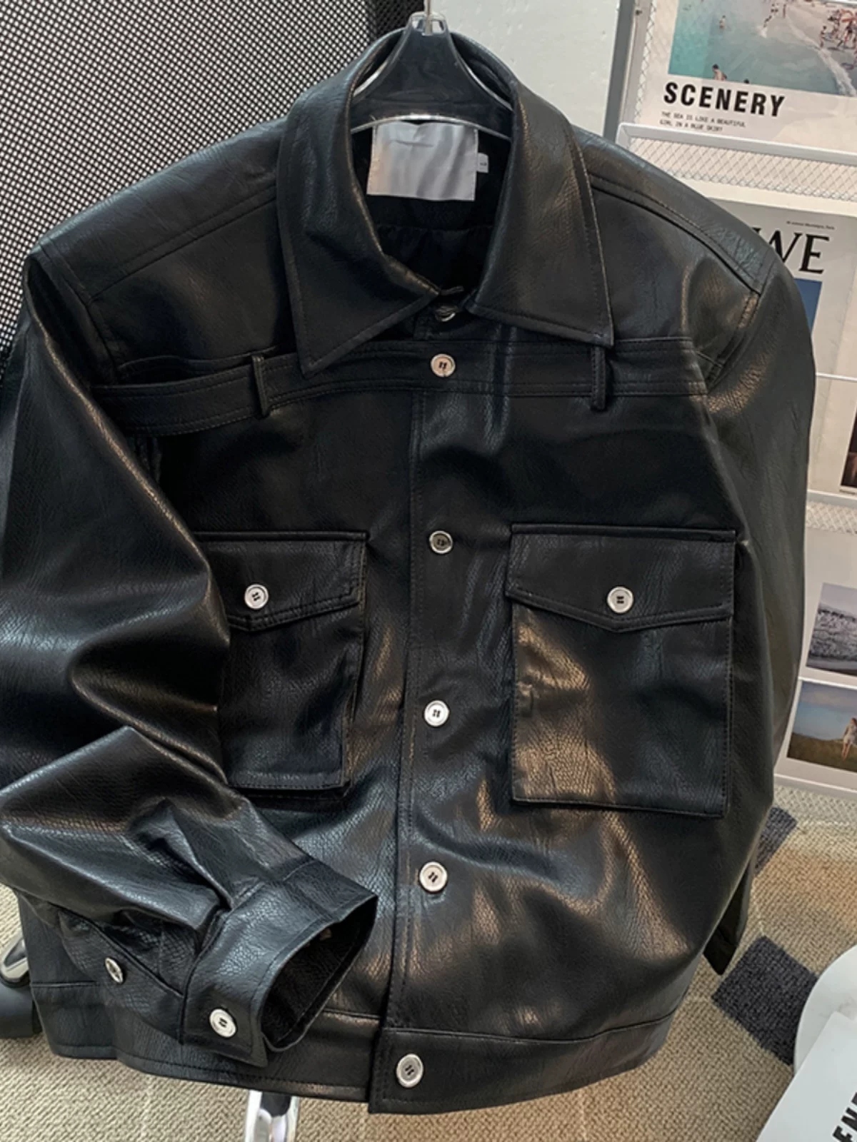 Áo khoác da thiết kế phá cách dành cho nam, phong cách Mỹ thời thượng mùa xuân thu, áo khoác da PU cá tính, dáng rộng, cổ lật, kiểu áo khoác biker.