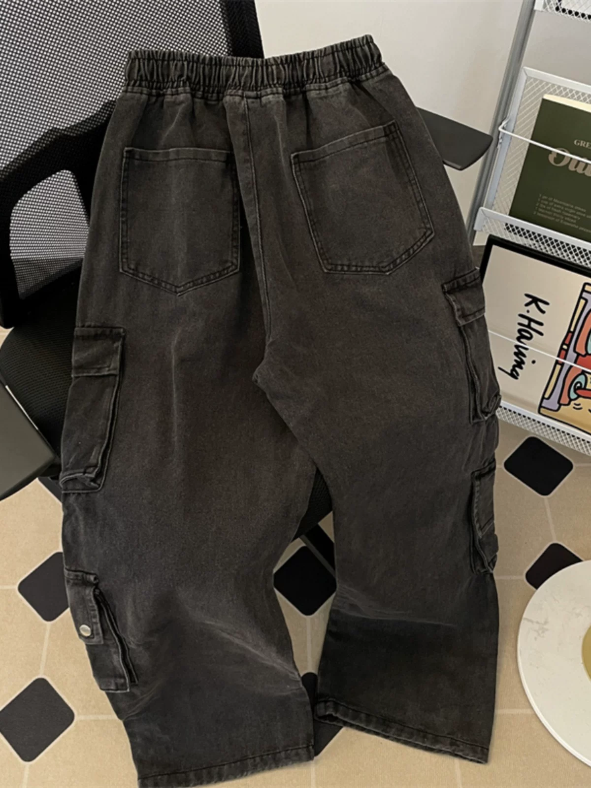 Quần jean nam nhiều túi đa năng, phong cách Mỹ mùa thu đông, quần công sở thời thượng, quần dài ống rộng thoải mái.