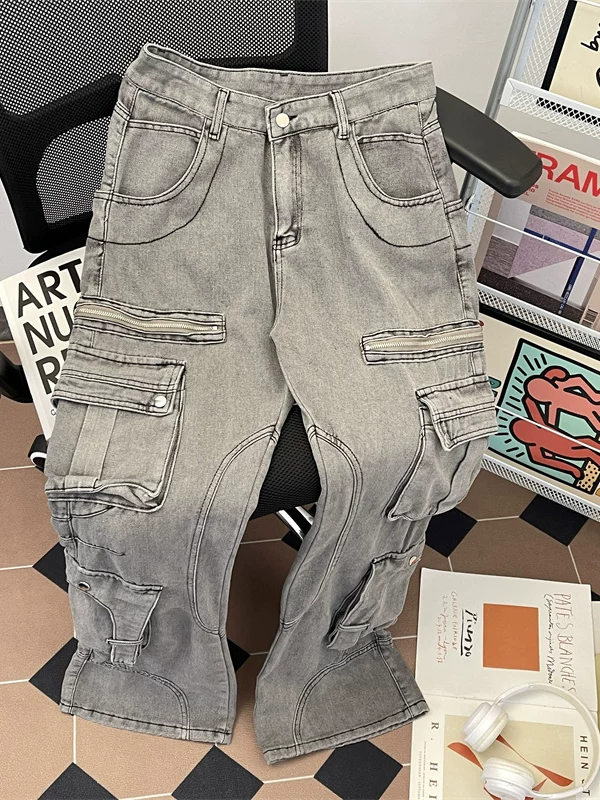 Quần jean nam nhiều túi kiểu Mỹ, chất liệu dày dặn, quần cargo ống rộng thời trang, quần ống rộng phong cách đường phố retro.