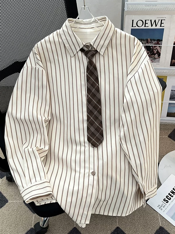 Áo khoác sơ mi sọc cổ điển Nhật Bản dành cho nam, dáng rộng, áo sơ mi dài tay sành điệu có cà vạt, thiết kế xuân thu.