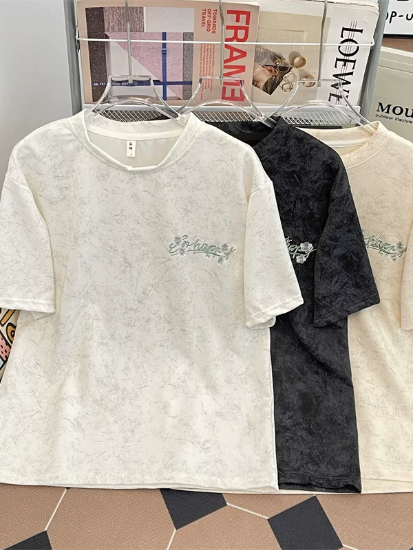 Áo thun ngắn tay thêu họa tiết tie-dye dành cho nam, phong cách Hồng Kông mùa hè, thương hiệu thời thượng, dáng rộng, thoải mái, áo thun cặp đôi kiểu Mỹ retro