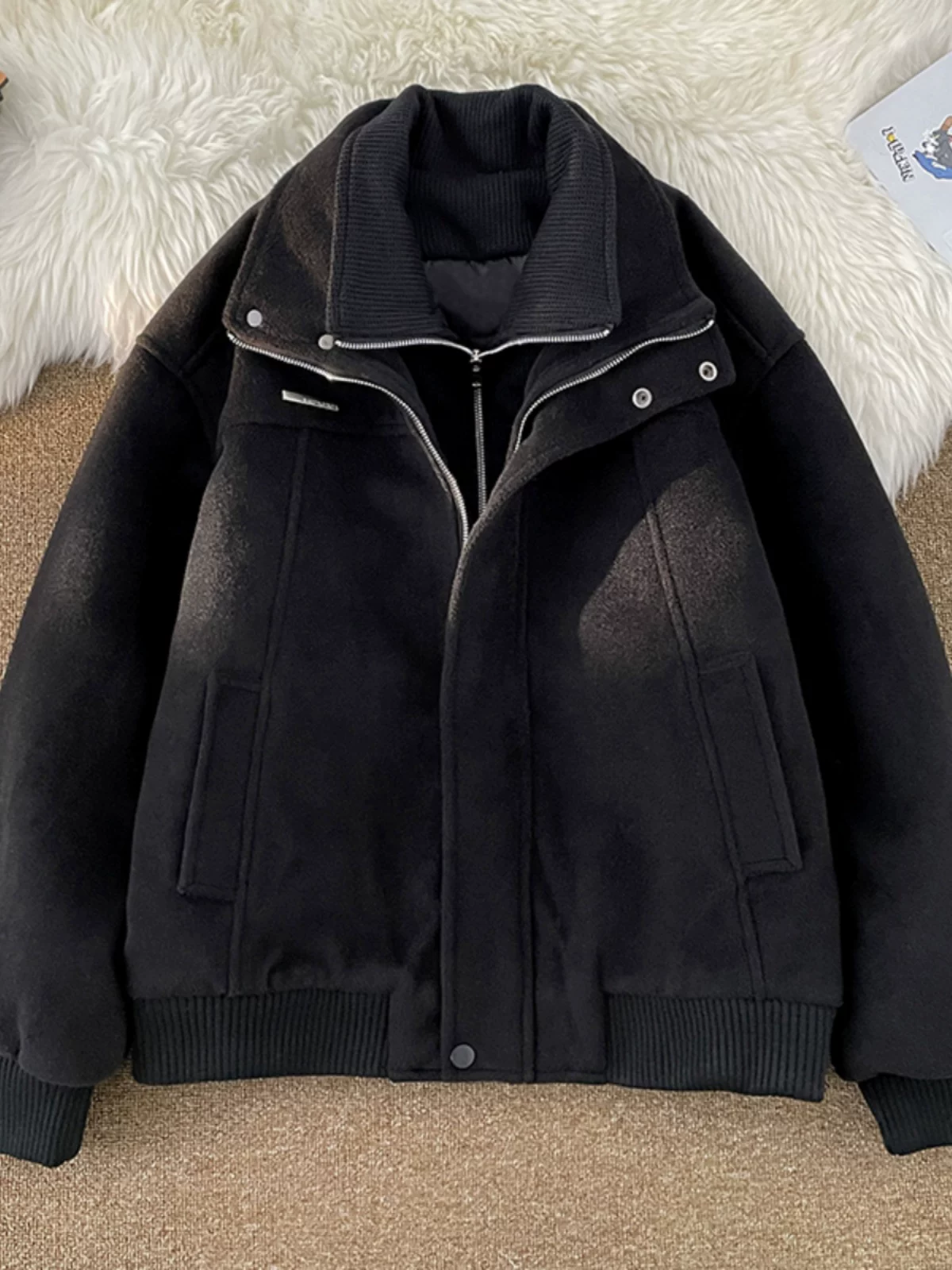 Áo khoác hai mảnh mùa xuân thu dành cho nam, phong cách thời thượng, thiết kế cá tính, áo khoác len dáng rộng kiểu Mỹ.