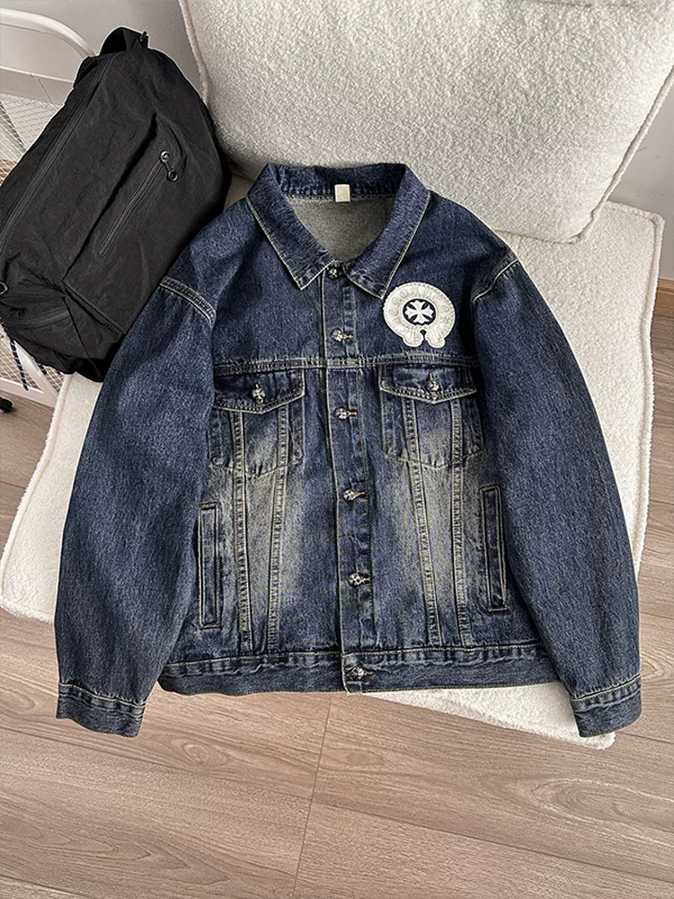Áo khoác denim thêu họa tiết dành cho nam và nữ, áo khoác dáng rộng thời trang mùa xuân, áo khoác kiểu Mỹ cổ điển.