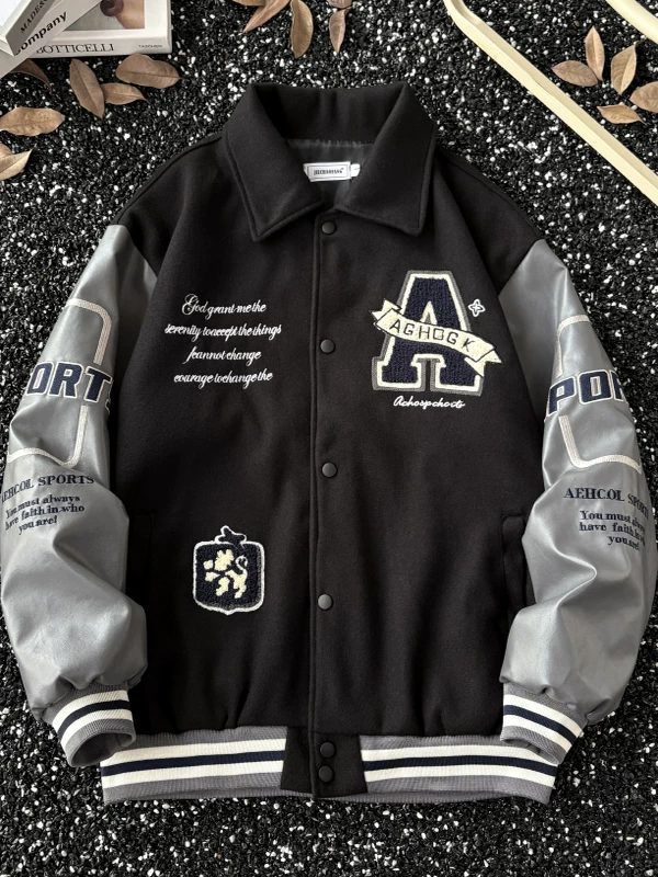 Áo khoác bóng chày thêu khăn cho nam và nữ, mùa xuân thu, áo khoác cổ bẻ cho cặp đôi, áo phối màu phong cách Mỹ thời thượng.