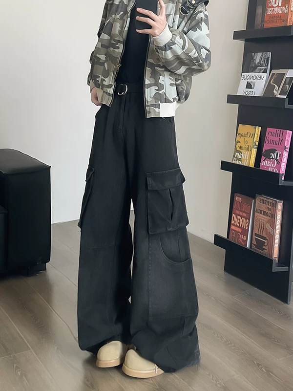 Quần jean công sở nhiều túi dành cho nam, quần ống cong cleanfit mùa xuân, quần ống rộng dài chạm sàn phong cách Mỹ thời thượng.