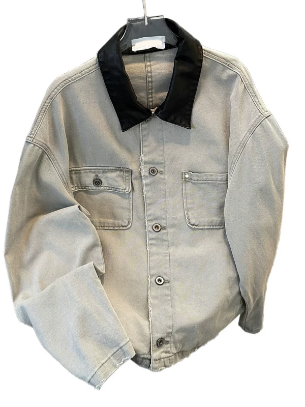 Áo khoác da PU kiểu Mỹ phối chất liệu, áo khoác denim nam mùa xuân thu, kiểu dáng rộng rãi, hợp thời trang, thiết kế cổ điển.