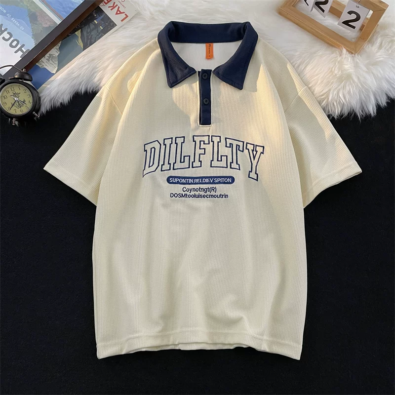 Áo polo retro Mỹ dành cho nam, tay ngắn, thương hiệu thời trang mùa hè, áo thun dệt kim waffle, dáng rộng, đa năng, phong cách cặp đôi, tay áo lửng.