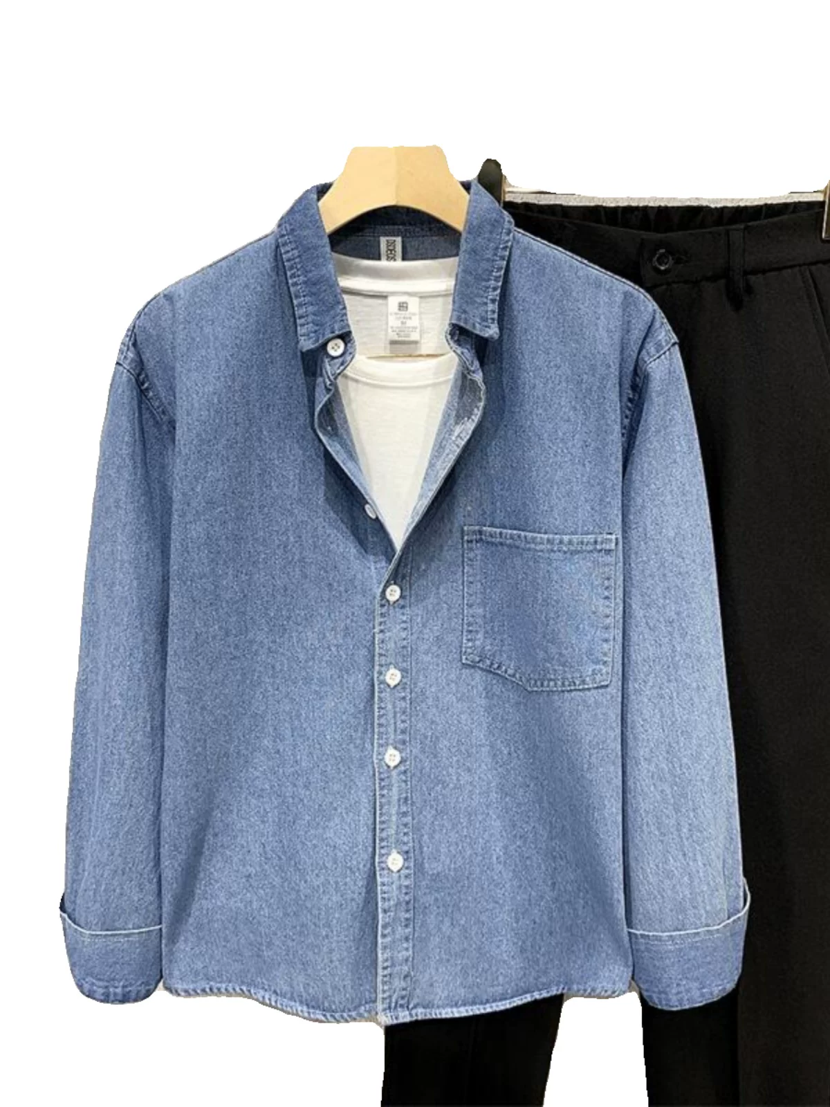 Áo sơ mi denim phong cách trưởng thành nhẹ nhàng dành cho nam, áo sơ mi dáng rộng giặt mềm tay dài hợp thời trang, áo khoác thường ngày đa năng cho mùa xuân và mùa thu.
