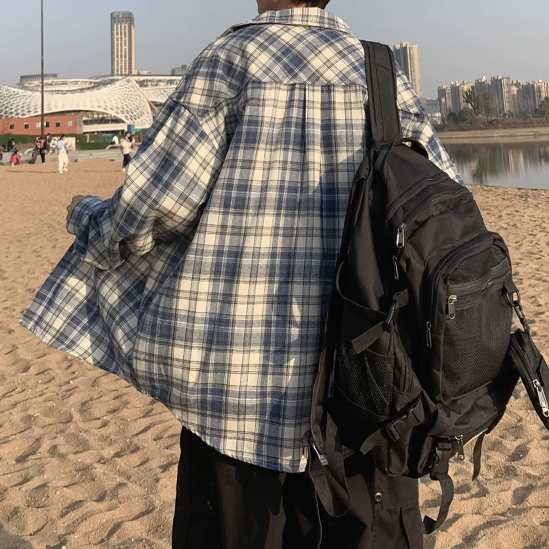 Áo sơ mi nam dài tay mùa xuân thu, áo sơ mi kẻ sọc phong cách Hồng Kông, áo khoác dáng rộng phong cách Hàn Quốc thời thượng.