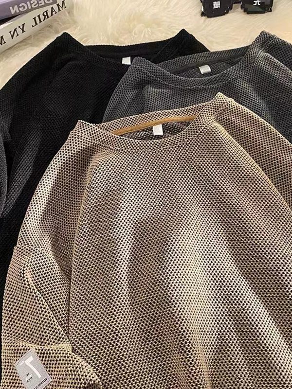 Áo thun tay ngắn kiểu waffle Mỹ dành cho nam, áo thun mùa hè rộng rãi chất liệu dày dặn tay lửng, áo thun cặp đôi thời trang đa năng.