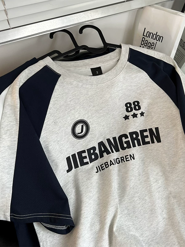 Áo thun ngắn tay kiểu Mỹ retro, thời trang, phối màu, tay raglan, mùa hè, dáng rộng, áo đôi nam nữ.