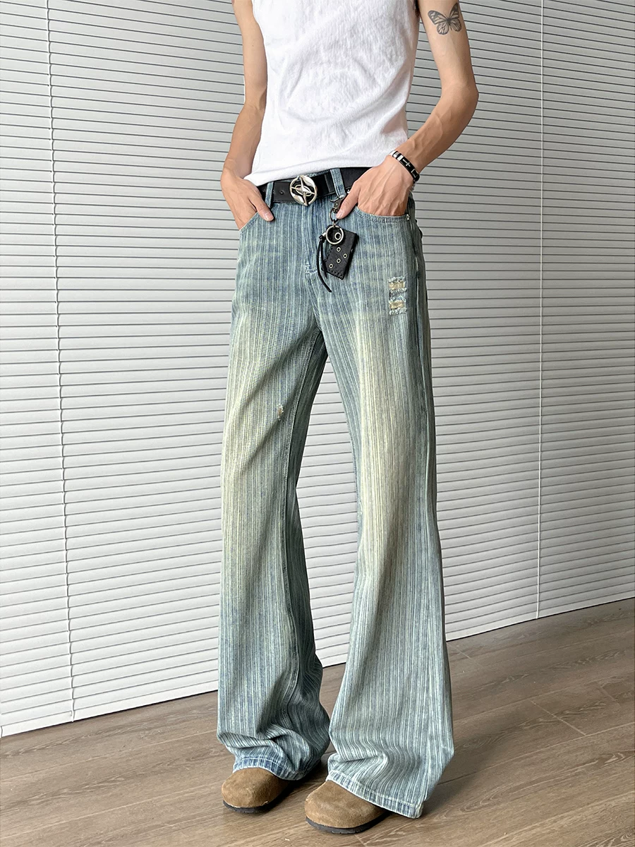 Quần jeans rách họa tiết tre dành cho nam, phong cách mùa hè thời thượng, quần ống rộng dáng thẳng, quần dài kiểu Mỹ cổ điển, rách cá tính.