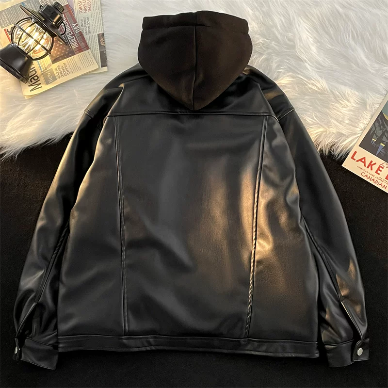 Áo khoác da nam mùa xuân thu, kiểu dáng rộng rãi phong cách Mỹ, áo khoác da PU giả hai lớp, áo khoác biker thời thượng cá tính phong cách đường phố.