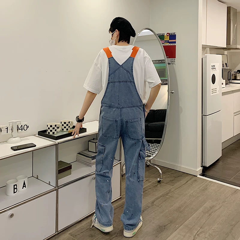 Quần yếm kiểu Mỹ cổ điển dành cho nam, quần jean cặp đôi hợp thời trang mùa xuân thu, quần ống rộng phong cách Hồng Kông.