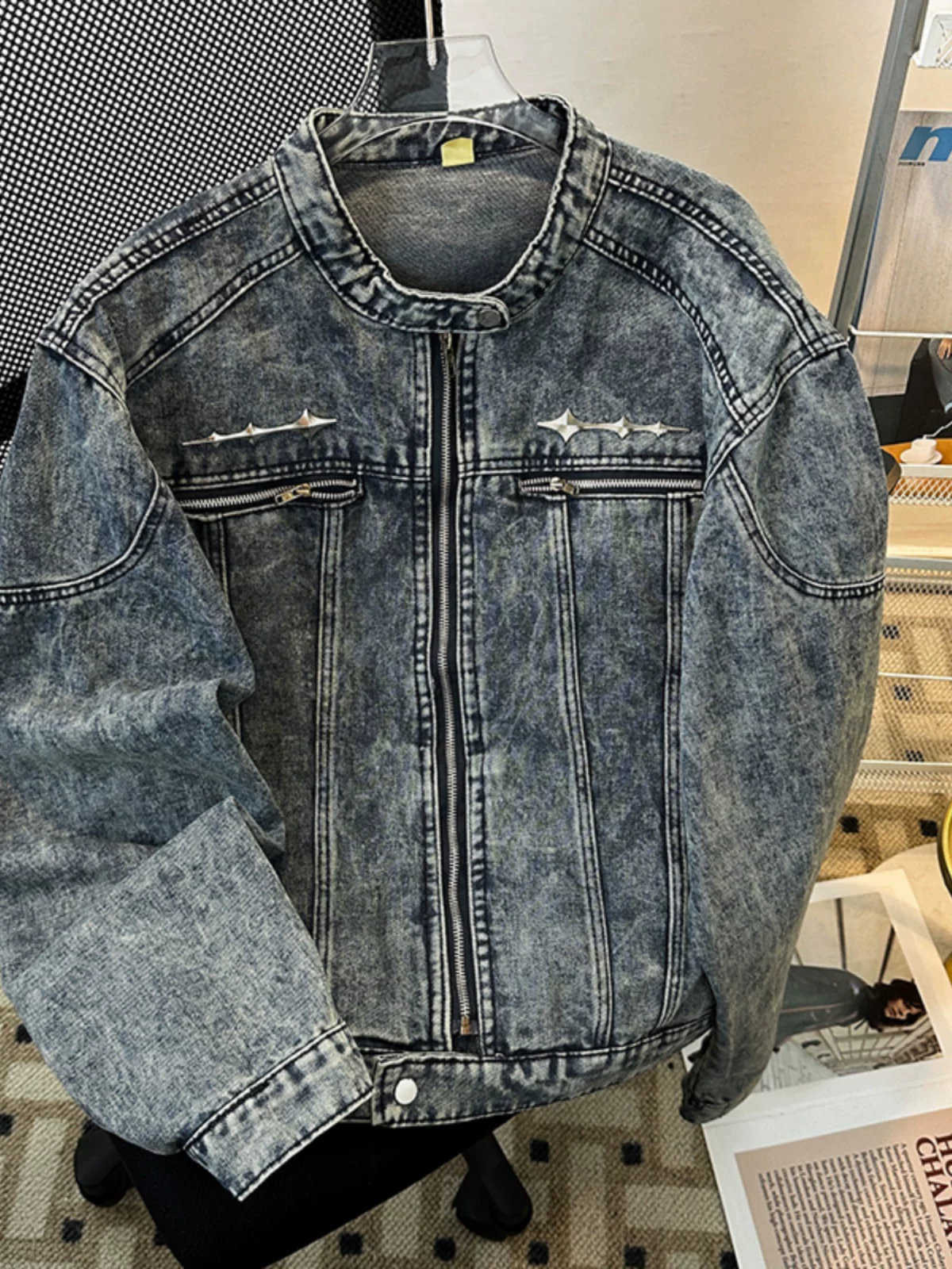 Áo khoác denim ngắn kiểu Mỹ có đệm vai, mùa xuân thu, áo nam cá tính và sành điệu, dáng rộng, hợp thời trang, cảm giác cao cấp, áo khoác cổ đứng.