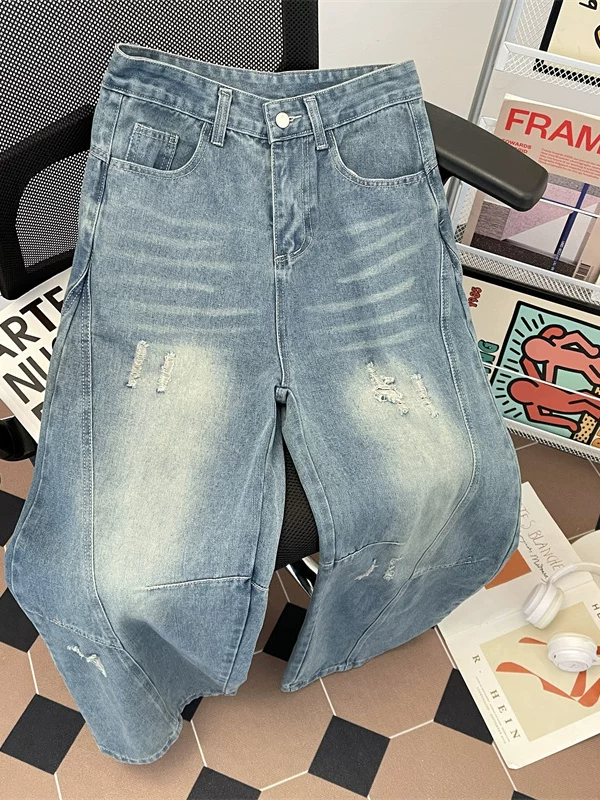 Quần jeans rách nam, kiểu mới hè 2025, quần ống rộng dáng suông, phong cách Mỹ, dài chạm đất.